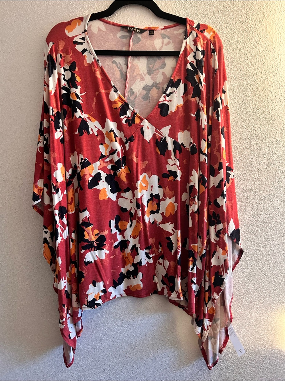 IMAN Rust Floral V-Neck Poncho Top with White, Black & Mustard Accents